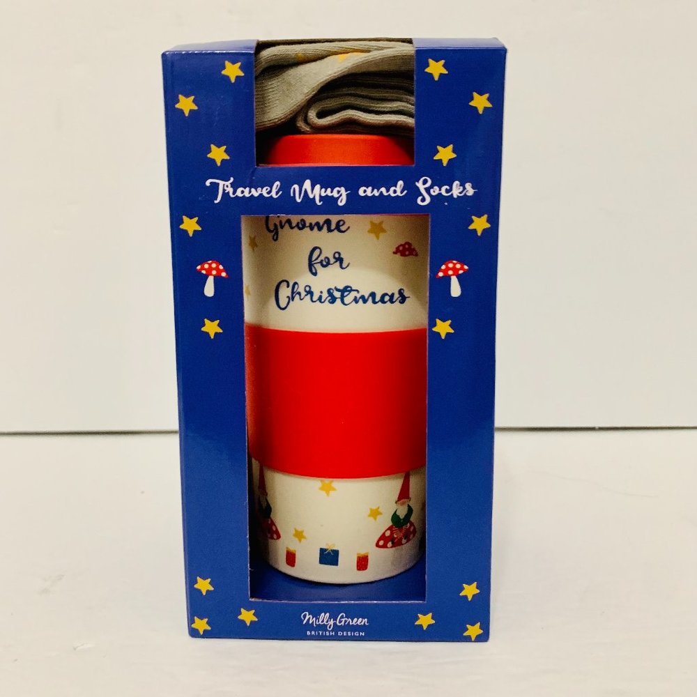 MILLY GREEN GNOME FOR CHRISTMAS TRAVEL MUG AND SOCKS GIFT SET NWOT